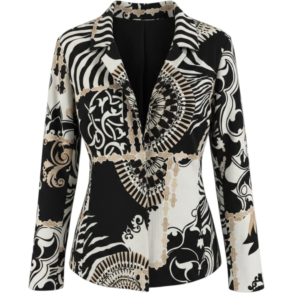 Chicos Womens Size 2 Black White Tan Baroque Geometric Print Open Front Blazer